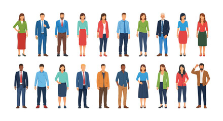 Diverse collection of standing flat vector characters representing various business professionals and casual people illustration © Sher
