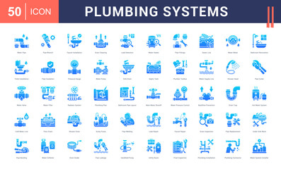 Plumbing Systems Icon Set. Water Pipe, Pipe Wrench, Faucet Installation, Drain Cleaning, Leak Detection and more. Glyph Gradient style vector icons collection.