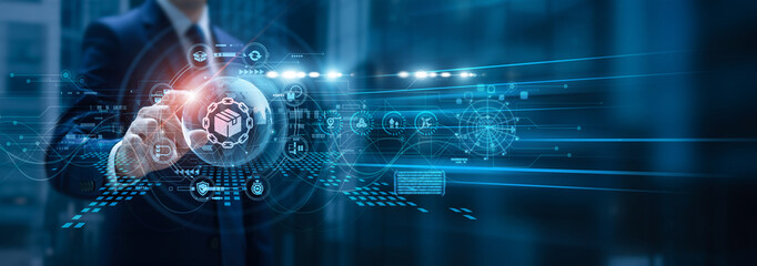 Manager touching logistics dashboard, supply chain management optimizing global procurement,...