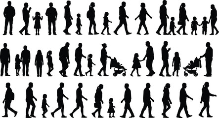 Fototapeta premium Walking people silhouette vector set featuring families couples and individuals with strollers isolated on white background for urban lifestyle design.