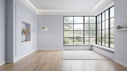 Fototapeta premium Modern minimal living room featuring wood floor with a large window elegant contemporary white room ,Color of the Year 2026 – Cloud Dancer ,copy space ,empty room.3Drender