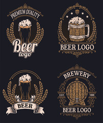 Set of vintage beer logo vector illustration. emblem brewery design on black background
