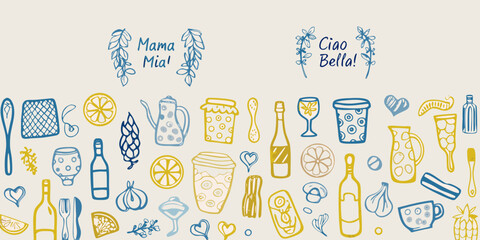 Doodle illustration featuring italian phrases citrus fruits and kitchen items