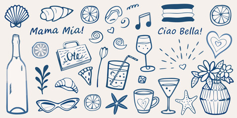 Hand drawn illustrations of italian summer themed objects and lettering