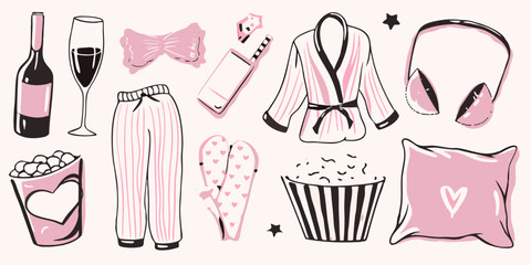 A collection of pink illustrated items representing a cozy night in