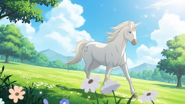 Cartoon-style unicorn prances across a sunlit meadow with trees and a blue sky