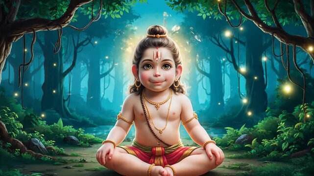 Hanuman jayanti with young Lord Hanuman meditating in forest