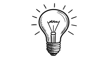 Line drawing of a light bulb with rays of light emanating from the top. The bulb is stylized