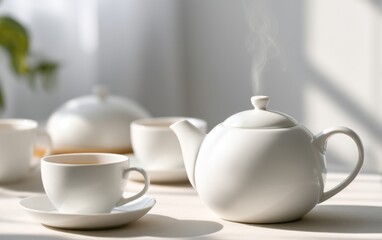 Fototapeta premium Elegant White Porcelain Tea Set with Teapot and Cups