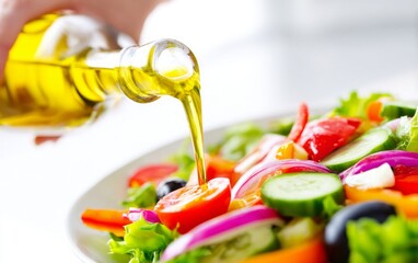 Olive Oil Being Poured Over Fresh Colorful Salad
