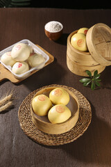 Traditional Handmade Corn Steamed Buns in Bamboo Steamers Asian Dim Sum Food Photography