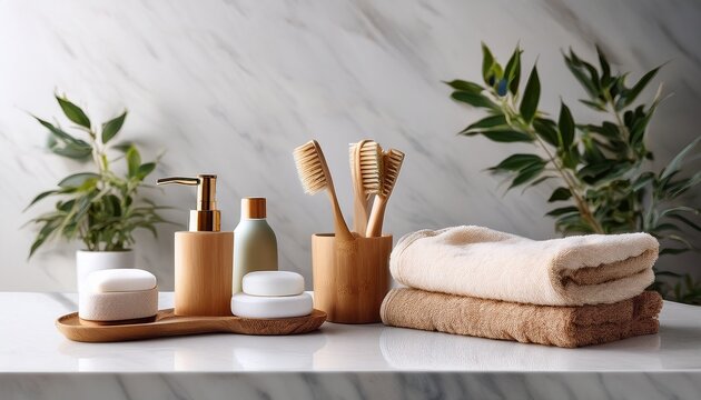 bathroom counter showing natural wooden toiletries including bamboo toothbrushes soap and clean towels on marble surface