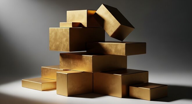 A stack of gold boxes arranged on a white surface against a grey background with dramatic lighting