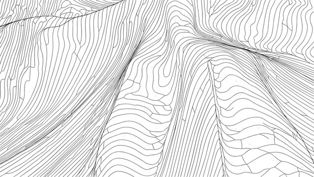 Monochromatic wireframe pattern of an undulating surface with fine contour lines creating a sense of three-dimensional depth and motion.