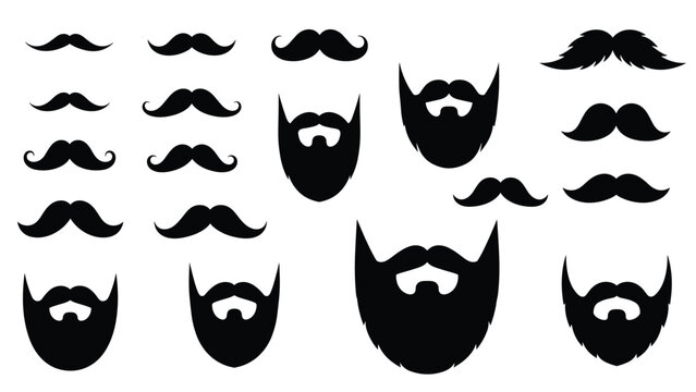 Comprehensive collection of various mustache and beard styles in black silhouette for barbershop menus and male grooming character design.