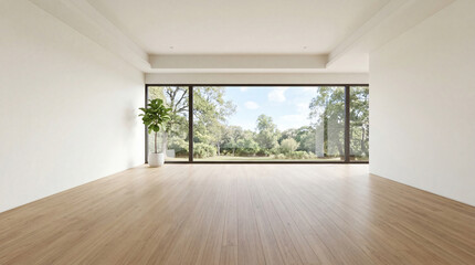 Fototapeta premium Modern minimal living room featuring wood floor with a large window elegant contemporary white room ,Color of the Year 2026 – Cloud Dancer ,copy space ,empty room.3Drender