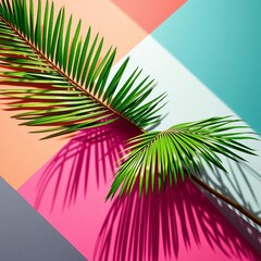 Fototapeta premium Vibrant green palm fronds artfully arranged with abstract geometric shapes, soft focus background, design, vai