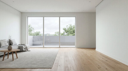 Fototapeta premium Modern minimal living room featuring wood floor with a large window elegant contemporary white room ,Color of the Year 2026 – Cloud Dancer ,copy space ,empty room.3Drender
