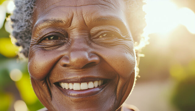 Close up of a smiling senior woman lit by bright sunlight background