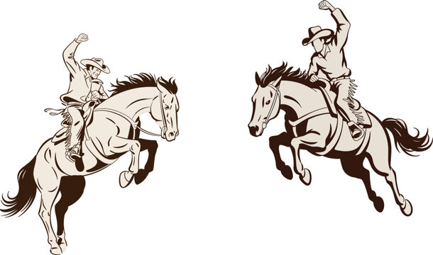 Vintage style vector illustration set of two professional rodeo cowboys riding bucking bronco horses isolated on white background