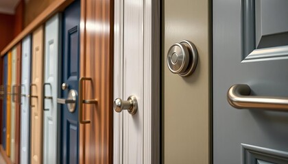 Close-up of diverse door line set hardware, various styles and finishes,  room,  black