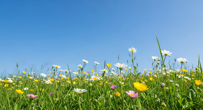 A serene meadow with diverse wildflowers swaying gently in the breeze under a clear blue sky viewed from a low angle 