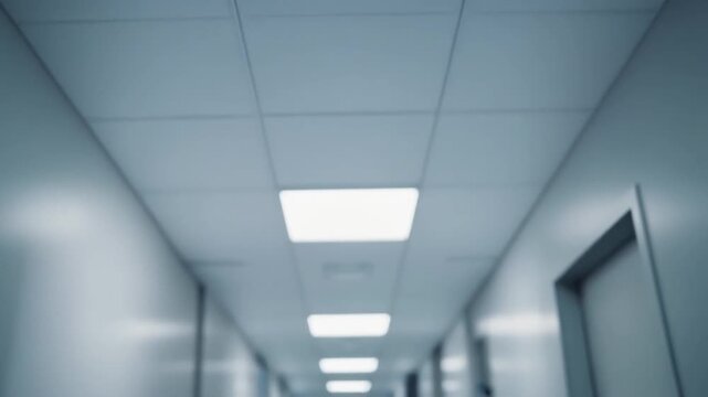 Long hospital corridor with doors and ceiling lights viewed from a low angle perspective