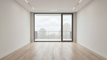 Fototapeta premium Modern minimal living room featuring wood floor with a large window elegant contemporary white room ,Color of the Year 2026 – Cloud Dancer ,copy space ,empty room.3Drender