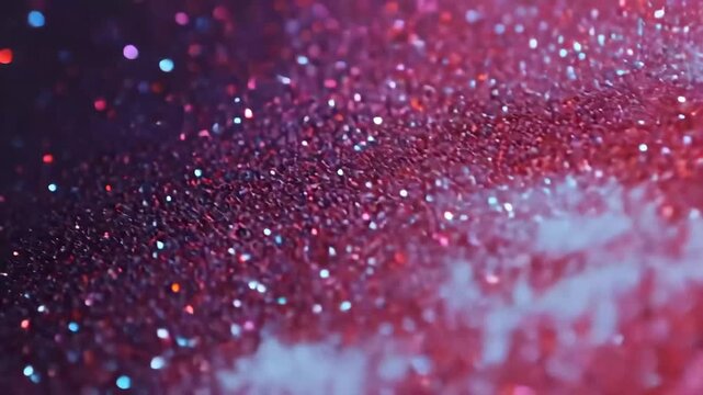 A close-up of a glittery background featuring vibrant red and blue sparkles.