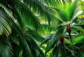 Obraz premium Lush green palm trees form a dense jungle canopy, rainforest, ecosystem