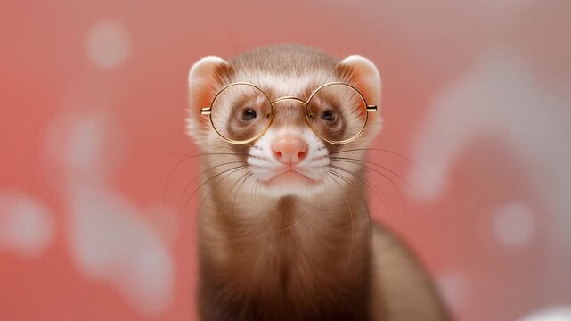 A close-up portrait of a ferret looking directly at the camera with a curious expression in a studio setting