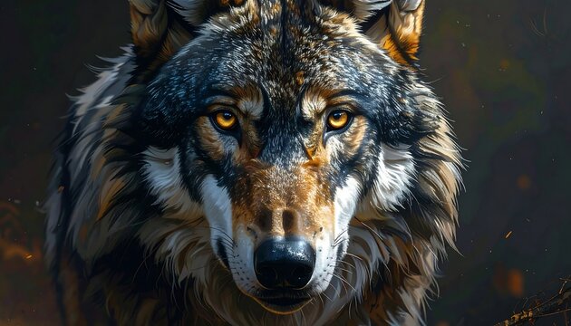 A close-up portrait of a wolf with striking yellow eyes