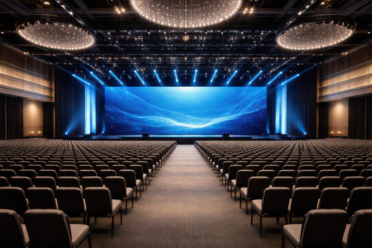A large empty auditorium with a blue gradient backdrop and rows of chairs.