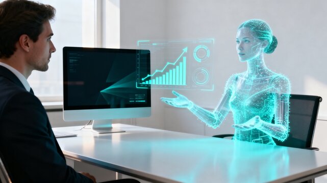 Finance Professional Meeting with Female AI Hologram Presenting Data Charts &mdash; Artificial Intelligence Business Concept