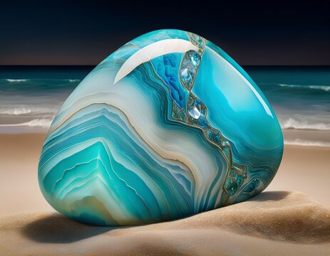 larimar gemstone showing a unique blue and white pattern sits on the sand use to illustrate geology jewelry or a peaceful ocean scene