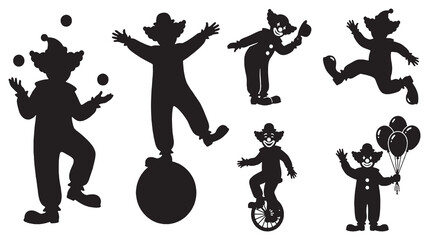 Collection of Silhouettes of Clowns Performing Various Acts Such as Juggling and Riding a Unicycle. © Riki