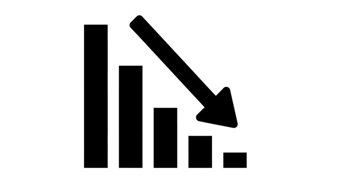 A declining bar graph with a downward trending arrow illustrating a decrease in statistics and data analysis