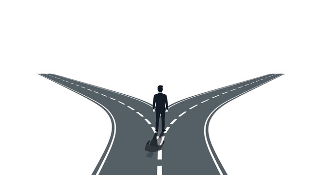 A businessman stands at a crossroads on a highway, contemplating his next move on a long, straight road.