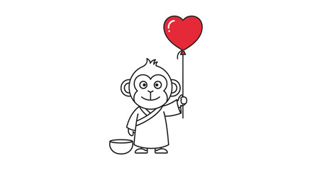 Young monkey holding red heart shaped balloon