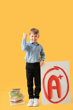 Happy schoolboy with books holding poster of a-plus grade on yellow background