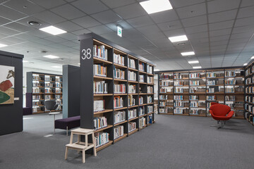 Moody modern interior architecture with contemporary design and warm lighting, no people