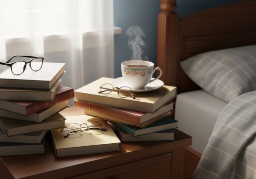 A highly detailed bedside table overflows with stacked books, reading glasses, and a steaming cup of tea, capturing a realistic, lived-in scene, disarray, arrangement, relaxation