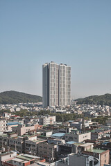 Modern building exterior architecture under blue sky, no people