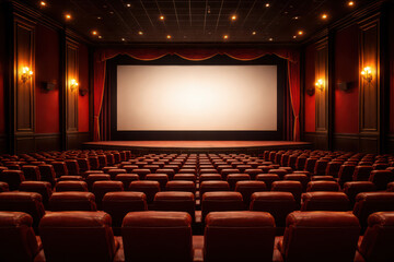 Fototapeta premium Empty cinema hall with red velvet seats and a large screen.