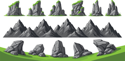 Cartoon Mountain and Rock Formation Vector Set with Cliff Stones, Rocky Landscape Elements, and Nature Terrain Illustrations for Game Background Design © Selim Studio