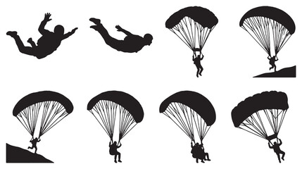 Collection of silhouette illustrations depicting various stages of skydiving and paragliding activities. © Riki