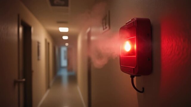A red fire alarm flashes in a dimly lit corridor with doors on either side and lights in the distance