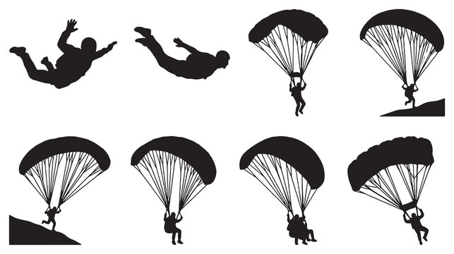 Collection of silhouette illustrations depicting various stages of skydiving and paragliding activities.