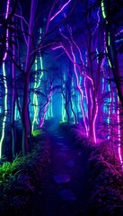 Obraz premium Cyberpunk forest path, bathed in electric violet and emerald neon, winds through glowing flora, a digital dreamscape captured with a tilted perspective, glowing moss, deep focus