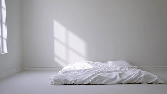 Soft sunlight streaming through window, gently illuminating unmade white bed resting on minimalist floor, casting delicate shadows and creating peaceful atmosphere in empty interior space